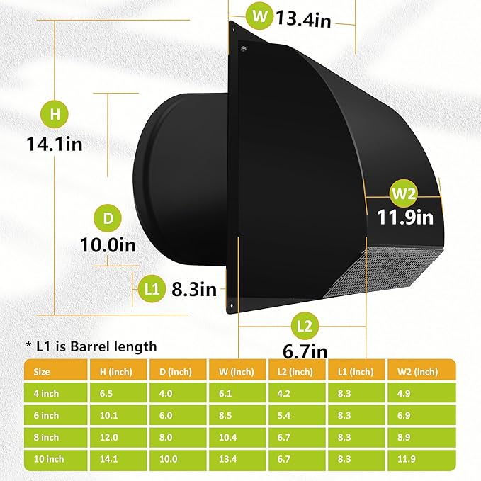 10 inch Steel Hooded Wall Vent with Screen,Arc-Shaped Wall Vent for Ventilation and Exhaust,Suit for Residential Housing and Industrial Facilities,Black