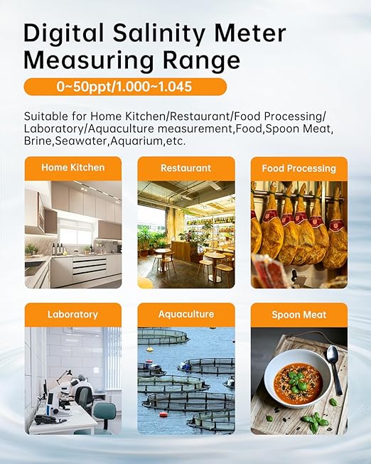Digital Salinity Meter, Platinum Electrode & Concave Surface for Lab-Grade Accuracy, Auto-Measured Salt Content Tester, Rapid Test for Aquarium/Saltwater/Salty Food, Range: 50ppt/1.000〜1.045