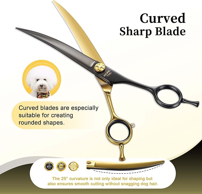7'' Curved Dog Grooming Scissors CNC 440C Blades Sharp and Durable Dog Shears Black and Gold Pet Scissors Smooth Cutting Easy to Use for Professional Groomer