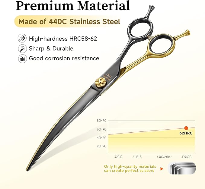 7.5'' Curved Dog Grooming Scissors CNC 440C Blades Sharp and Durable Dog Shears Black and Gold Dog Scissors Smooth Cutting Easy to Use for Professional Groomer