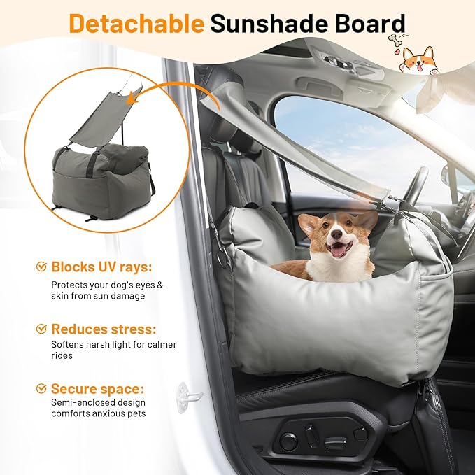 Dog Car Seat for Small Dogs with Removable Sunshade Waterproof PU Leather Travel Bed & Carrier for Small Pets Dog Booster Seat for Front & Back Seat (Grey)