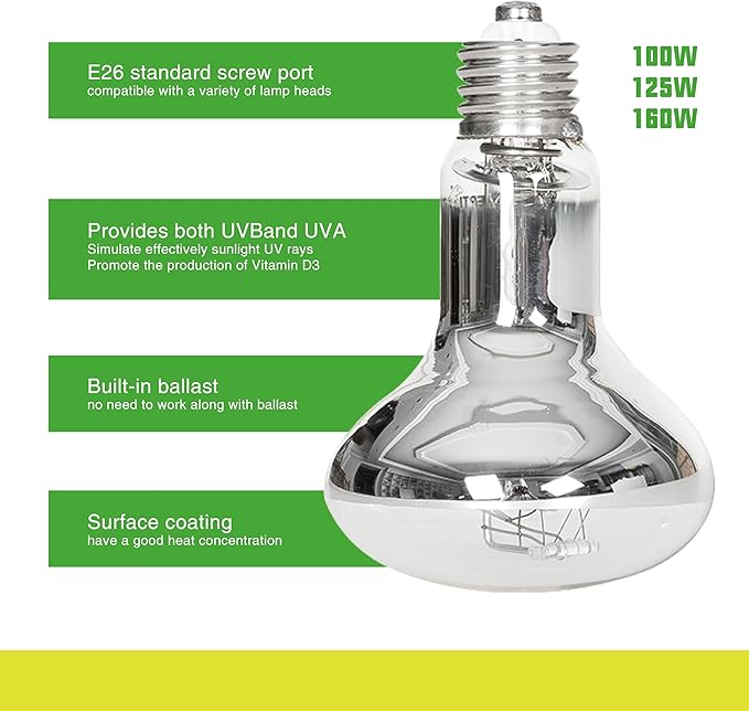 100W Heat UVA UVB Reptile Light, Full Spectrum Self-Ballasted Vapor Basking Sunlight Bulb for Reptile and Amphibian Use E26 1 Pack