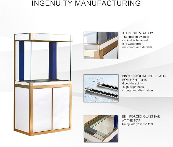 100 Gallon Glass Aquarium with Aluminum Cabinet - Including Sump for Filtration and Circulation, Plumbing, LED, White with Gold Trim