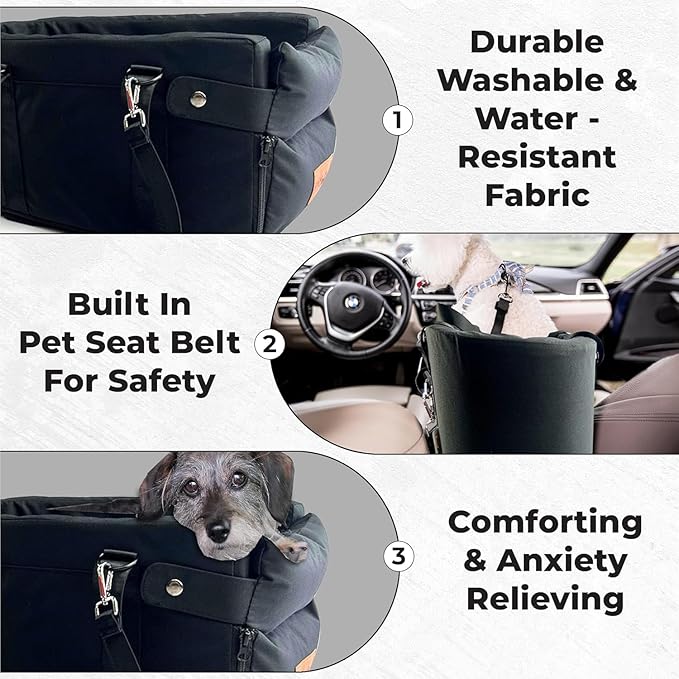 Center Console Dog Car Seat for Small Dogs and Puppies 5-13Lbs, Ideal Armrest Booster Car Travel Seat with Safety Protection Seat Belts, Storage Pockets - Reduces Anxiety (Black)
