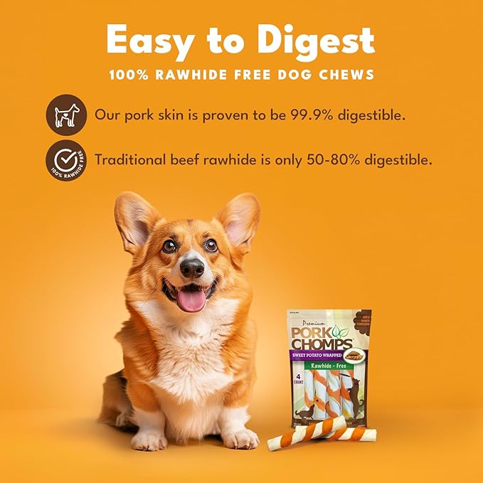 Pork Chomps Baked Pork Skin Dog Chews, 6-inch Twists, Real Sweet Potato Wrap, 4 Count (Pack of 2)