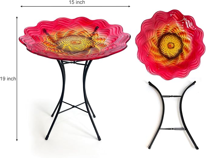 HONGLAND Bird Bath for Outside-Bird Baths for Outdoors-Glass Large Birdbaths Bowl with Metal Stand for Garden Patio Lawn Decor, 15" Dia/19 Height
