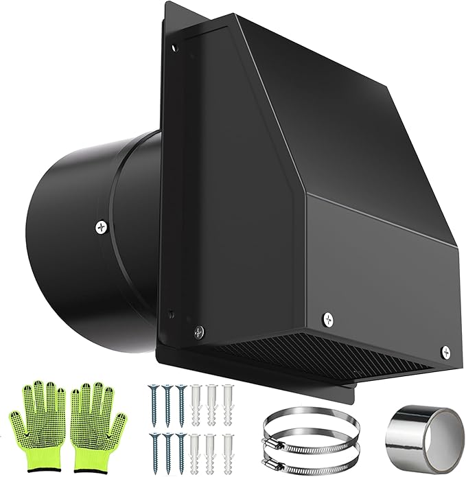 10 Inch Wall Vent with Screen and Damper, Galvanized Steel Hooded Wall Vent Cover Black Metal Exhaust Duct Cap Kit with Hose Clamp Aluminum Foil Tape for Outdoor Laundry Room Kitchen Range Hood