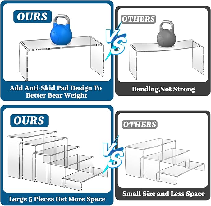 10 Pcs (2 Sets) Large Acrylic Risers 5 Sizes(7" L~9" L) Riser Display Shelf Cupcake Stand Display Cabinet Clear Rectangular Display Stands Set