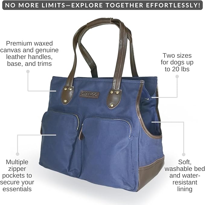 DJANGO Waxed Canvas & Leather Dog Carrier Tote Bag – Premium Soft-Sided Travel Dog Purse with Safety Leash, WR Lining, & Large Zipper Pockets – Everyday Pet Carrier for Small Dogs (Navy Blue, Medium)