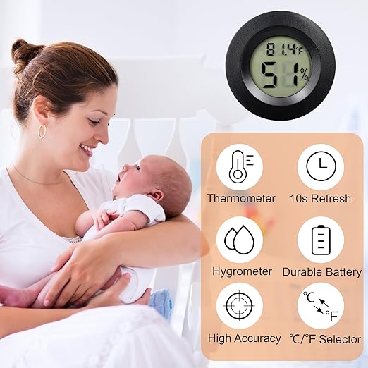 10 Pack Mini Hygrometer Thermometer - Digital Hygrometer Gauge LCD Monitor Temperature Humidity Meter Indoor Room Round Humidity Temperature Gauge for Greenhouse Home Kitchen