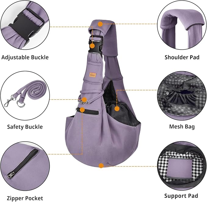 CUBY Dog and Cat Sling Carrier - Hands Free Reversible Pet Papoose Bag - Soft Pouch and Tote Design - Suitable for Puppy, Small Dogs Cats Outdoor (Purple, Adjust Strap 2.0)