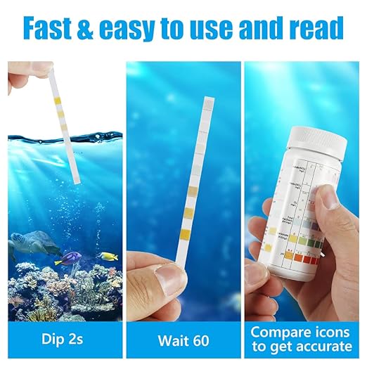 100Pcs Aquarium Test Strips 7 in 1 Fish Tank Test Kit Freshwater Saltwater Aquarium Water pH Test Strips Kit for Total Hardness Nitrate Nitrite Free Chlorine Carbonate pH Value Total Alkali