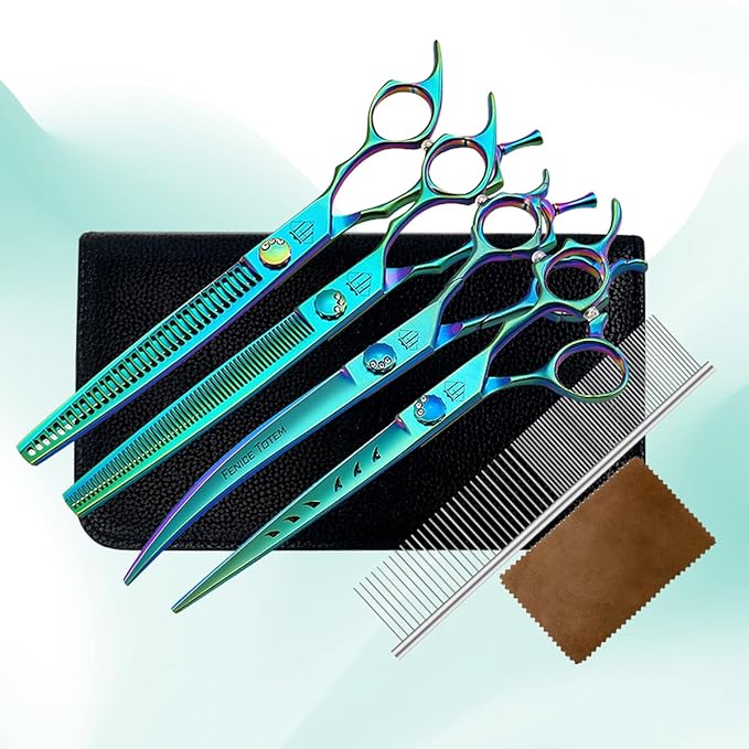 Dog Grooming Scissors: 7" Straight Pet Shears Skeletonized blade Made Of Japanese 440C for Trimming Dogs Cats and Other Pets Green (SET G, Set)