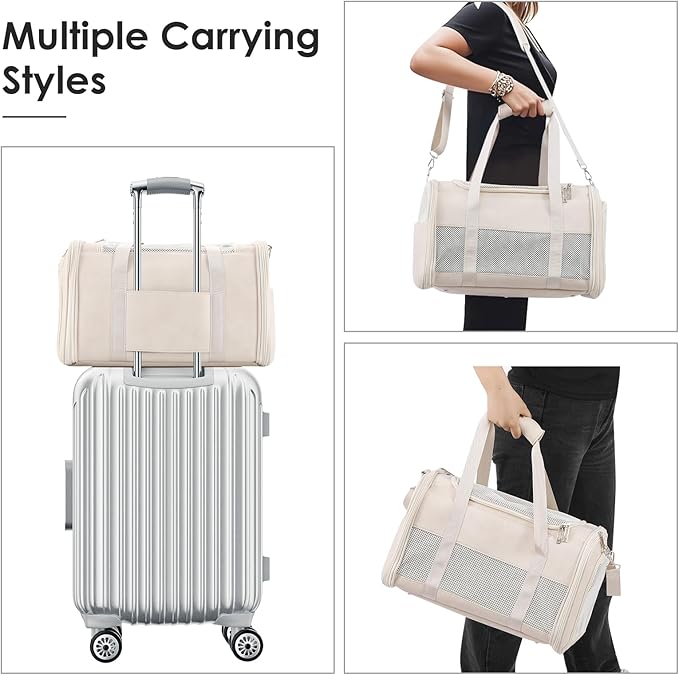 Fashion Leather Dog Carrier, Airline Approved Cat Carrier Soft Sided Pet Bag Carrier Purse for Puppy Kitten Small Animals White