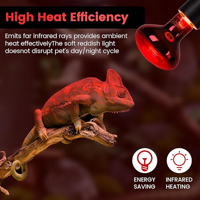 100W Infrared Heat Lamp Bulbs – 2-Pack Red IR Basking Light for Reptile & Amphibian, Silent Night-Time Heating, E26 Base, Bearded Dragon,Lizard,Turtle,Chicken