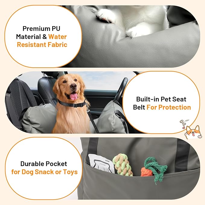 Dog Car Seat for Small Dogs with Removable Sunshade Waterproof PU Leather Travel Bed & Carrier for Small Pets Dog Booster Seat for Front & Back Seat (Grey)
