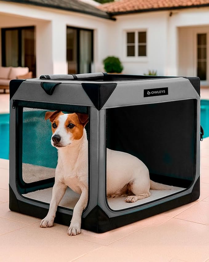 Owleys Dog Crates for Small Dogs – 27.5" L x 20" W x 20.5" H Pop Up Kennel for Medium Dogs, Portable Indoor Pet Crate - Portable with Mesh Windows - Grey Color