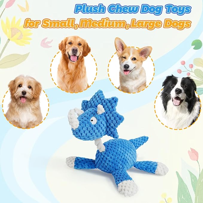 4-Pack Squeaky Dog Toys Set Plush Dog Toy with Rope for Small Medium Dogs Bundle Dog Chew Toys; Giraffe, Elephant, Cow and Dinosaur Interactive Dog Toy Stuffed Animals Toys to Keep Them Busy