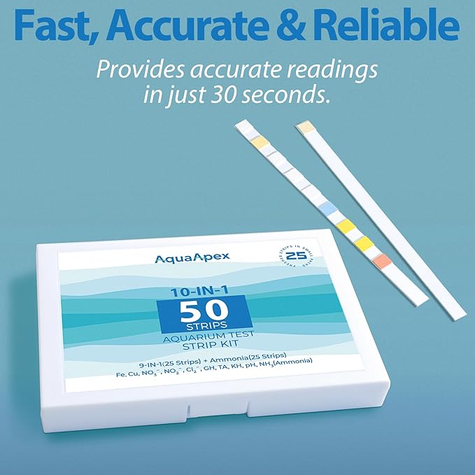10-in-1 Aquarium Test Kit (50 Strips) 25 Multi-Test + 25 Ammonia | Ammonia Test kit Aquarium for Freshwater & Saltwater | Saltwater Test Strips for Fish Tanks, Ponds | Test Nitrate, pH & More.