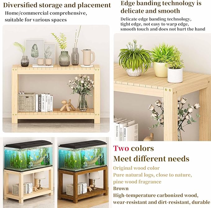 FORRTY Solid Wood Aquarium Stand – Heavy Duty Wooden Fish Tank Stand With 2-Tier Storage | Natural Pine Reptile Tank Table | Indoor Plant Rack | Printer Table | Multi-Purpose Shelf | 30–150cm Width(Wo