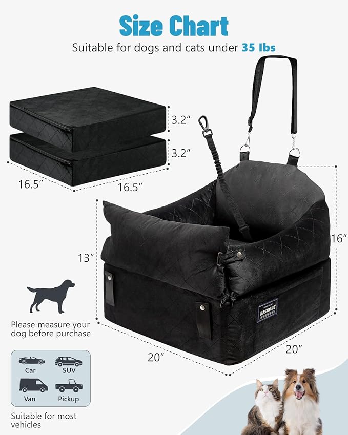 EASTBLUE Dog Car Seat for Small Medium Dogs Up to 35 lbs, 2 Memory Foam Pads Dog Booster Car Seat with Seatbelt, Washable Pet Carseat for Puppy & Cat, Dogs Travel Bed for Cars (Black)