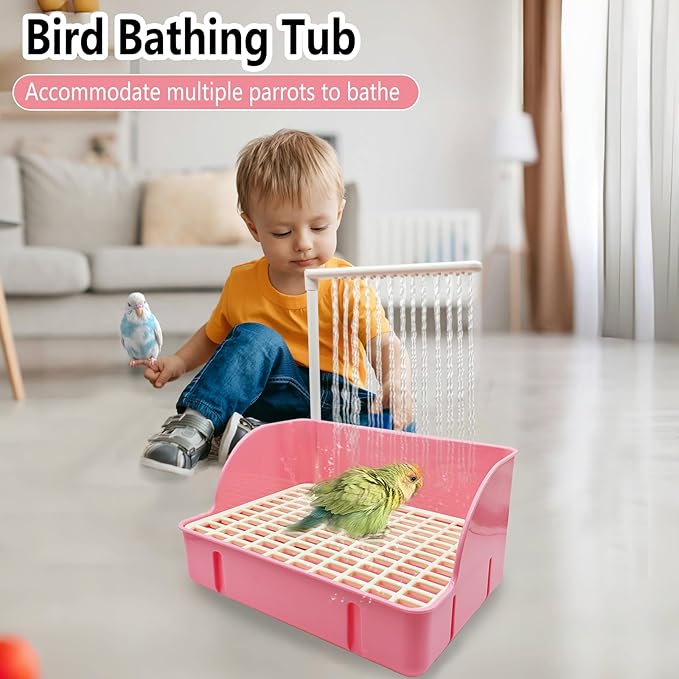 kathson Parrot Bathtub, Automatic Bird Bath Indoor,Parakeet Shower Fountain,Parrot Bath Tub for Pet Birds, Cockatiel, Conure, Budgie, Lovebird, African Grey, Finches (Pink)