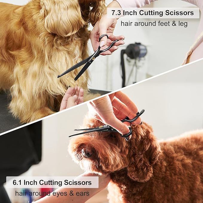 CIICII Dog Grooming Scissors Kit, 10-In-1 Professional Pet Grooming Scissors Set with Safety Round Tip (Dogs/Cat Hair Cutting Trimming Thinning Shears with Curved Scissors) for DIY Home Salon (Black)
