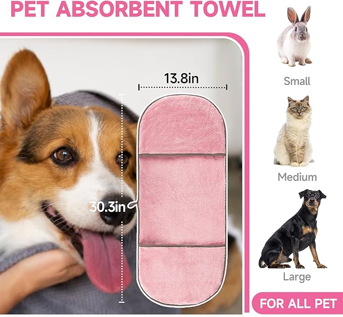 Dog Washing Gloves - Quick Drying Dog Towel,Cat Bath Grooming Gloves Brush with High-Density Teeth for Bathing Massaging，Absorbent Pet Bath Towel 30.3"x13.8" with Hand Pocket for Dog Cat Pink