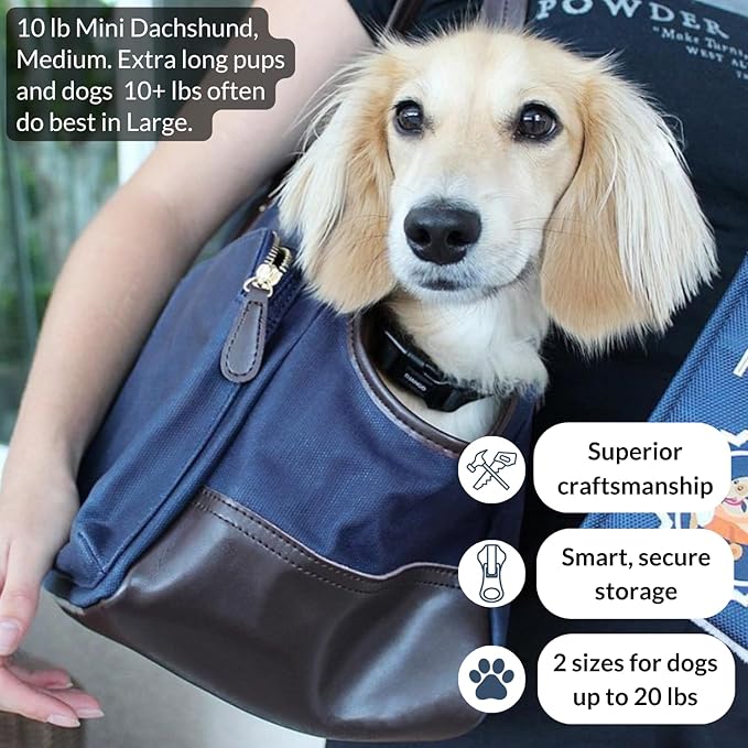 DJANGO Waxed Canvas & Leather Dog Carrier Tote Bag – Premium Soft-Sided Travel Dog Purse with Safety Leash, WR Lining, & Large Zipper Pockets – Everyday Pet Carrier for Small Dogs (Navy Blue, Medium)