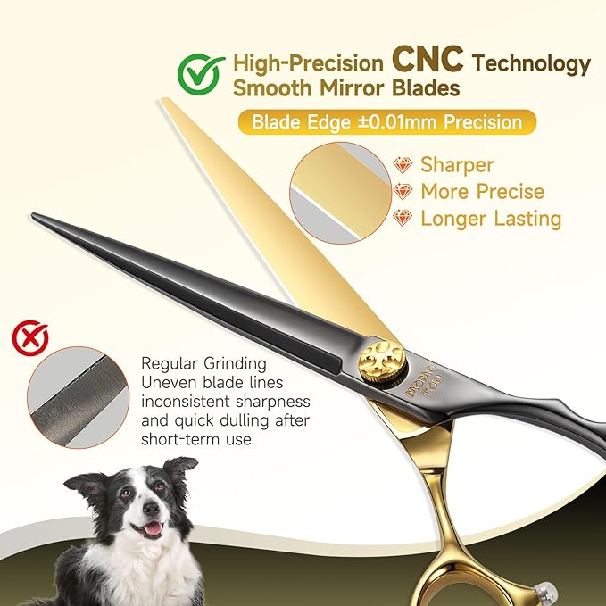 7'' Straight Dog Grooming Scissors CNC 440C Blades Sharp and Durable Dog Shears Black and Gold Pet Scissors Smooth Cutting Easy to Use for Professional Groomer