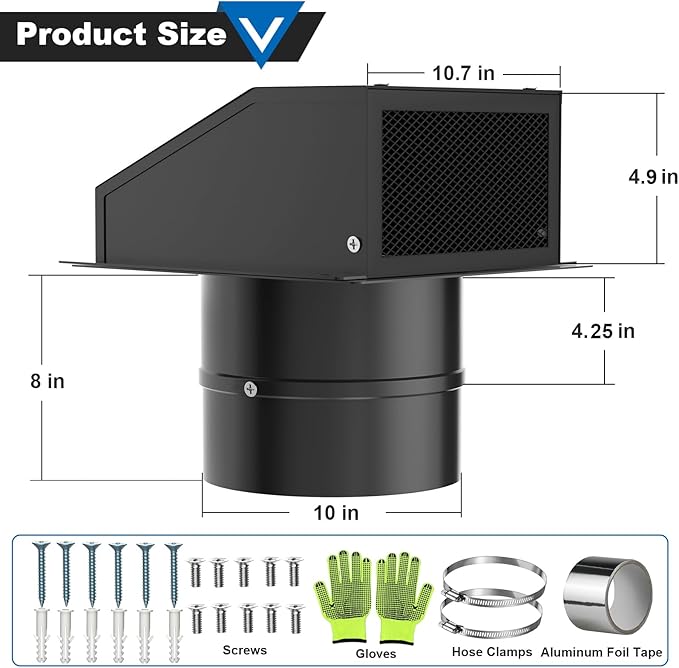 10 Inch Wall Vent with Screen and Damper, Galvanized Steel Hooded Wall Vent Cover Black Metal Exhaust Duct Cap Kit with Hose Clamp Aluminum Foil Tape for Outdoor Laundry Room Kitchen Range Hood