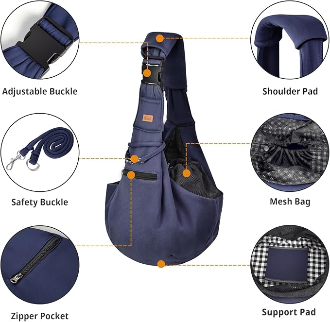 CUBY Dog and Cat Sling Carrier - Hands Free Reversible Pet Papoose Bag - Soft Pouch and Tote Design - Suitable for Puppy, Small Dogs Cats Outdoor (Blue Senior, Adjust Strap 2.0)