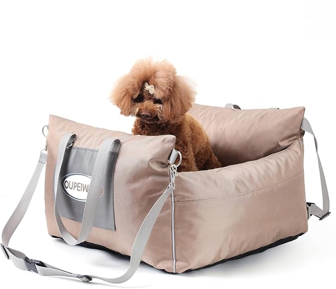Dog Car Seats for Small & Medium Dogs, Waterproof Dog Booster Seat with Storage Pockets Soft Travel Bed with Clip-On Safety Leash and Secure Straps Puppy Travel Carrier Bed, Light Brown