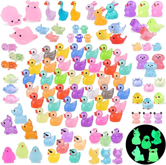 105PCS Mini Resin Animals Tiny Cute Figurines Glow in Dark, Miniature Figures to Hide, Little Animal Toys Small Accessories for Topper Desk Garden Dollhouse Landscape Aquarium Ornaments Crafts & Decor