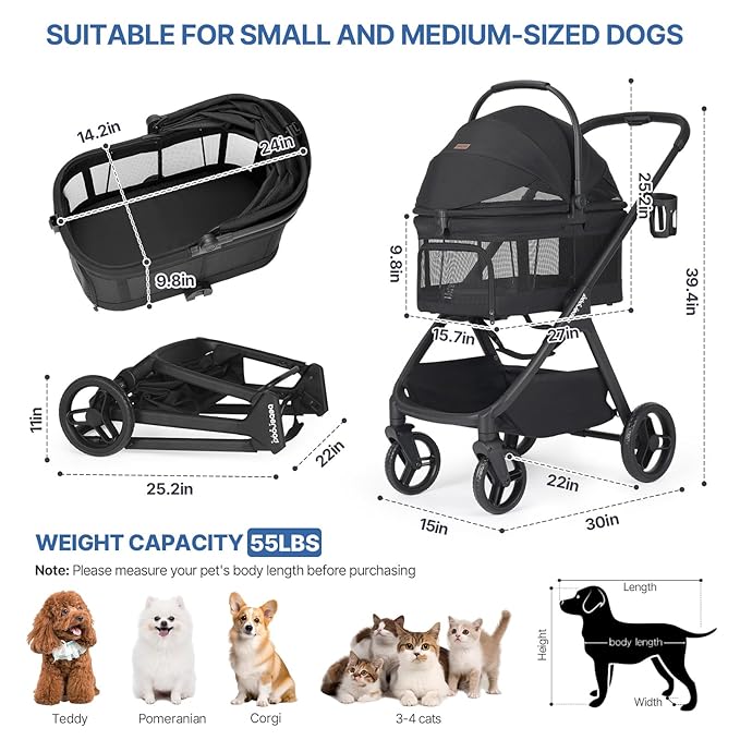 X-5 Luxury Pet Stroller for Medium Dog Under 55lbs or 2 Small Dogs & Cats, One-Touch Folding, Adjustable Handle and Detachable Carrier (Black & Net Wall)