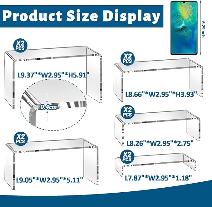 10 Pcs (2 Sets) Large Acrylic Risers 5 Sizes(7" L~9" L) Riser Display Shelf Cupcake Stand Display Cabinet Clear Rectangular Display Stands Set