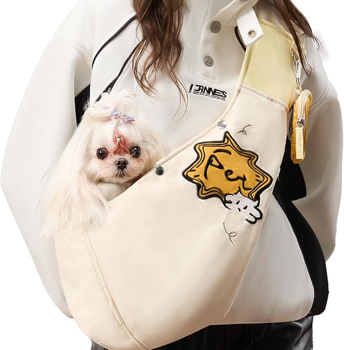 Dog Sling Carrier for Small Dogs & Cats (3-12 lbs) -Dual Lock Security Escape-Proof, Puppy Carrier with Adjustable Padded Strap & Free Detachable Wallet for Travel(White)