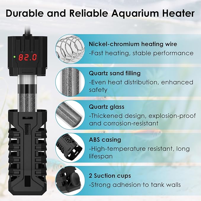 100W Aquarium Heater, Adjustable Fish Tank Heater, with Digital Display, Overheat Protection & Dry Run Protection, for 10-20 Gallon Water