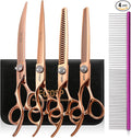 Left Handed Dog Grooming Scissors Set 4PCS Rose Gold Titanium Curved Thinning Straight Chunkers Shears Kit with White Artificial Diamonds Ergonomic Offset Handle Japan 440C