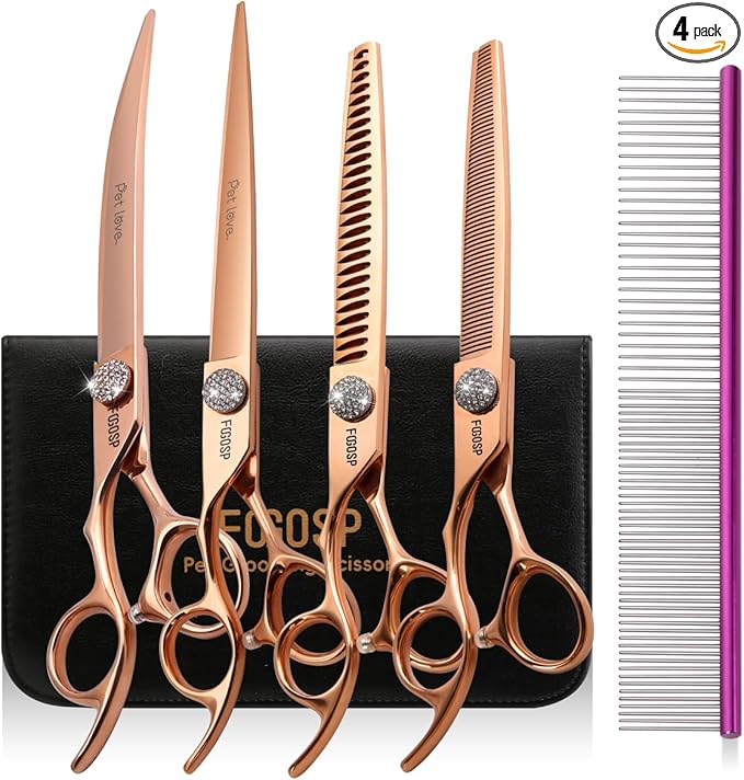 Left Handed Dog Grooming Scissors Set 4PCS Rose Gold Titanium Curved Thinning Straight Chunkers Shears Kit with White Artificial Diamonds Ergonomic Offset Handle Japan 440C