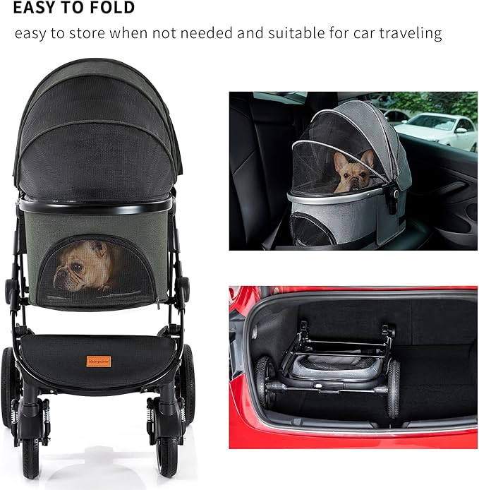 Kenyone Pet Stroller 3 in 1 Dog Cart for Medium Small Size Dogs, Large Cat Stroller with Detachable Carrier for Puppies, Doggies, Kitties, Bunnies (Olive)