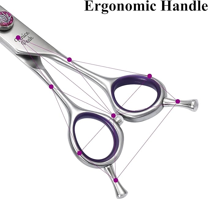 Fenice Peak 7'' Thinning Dog Grooming Scissors with Purple Finger Rings and Flashing Screw Professional 440C Stainless Steel Natural Color Pet Thinning Shears with Offset Handle Durable and Sharp