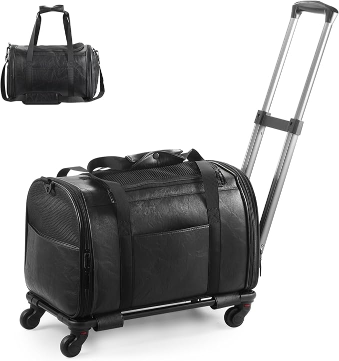Leather Pet Carrier with Wheels, Airline Approved Travel Bag for Small Dogs & Cats Under 15 lbs, Rolling Pet Carrier for Airplane, Camping & Outdoor Black