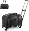 Leather Pet Carrier with Wheels, Airline Approved Travel Bag for Small Dogs & Cats Under 15 lbs, Rolling Pet Carrier for Airplane, Camping & Outdoor Black
