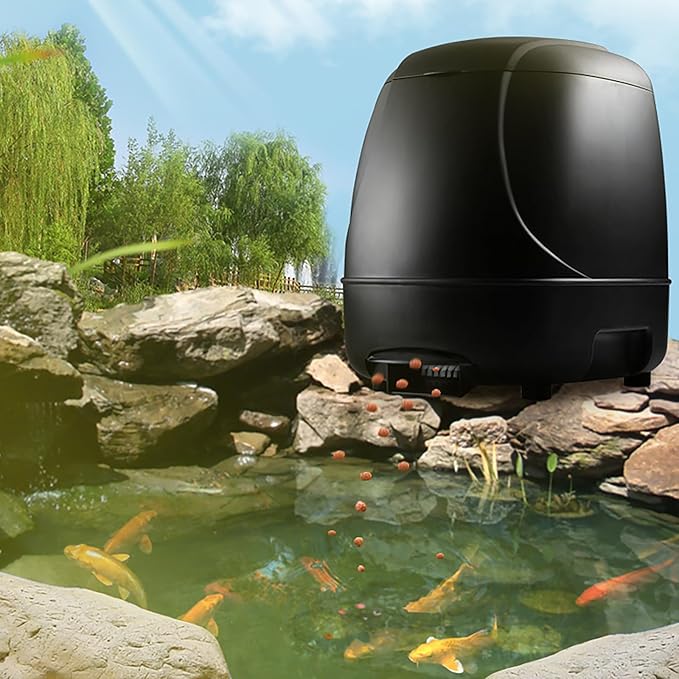 10L Pond Feeder, Automatic Fish Feeder for Pond Outdoor, Dispenser with Timer, High Capacity for Vacations & Hot or Cold Weather - Battery Powered