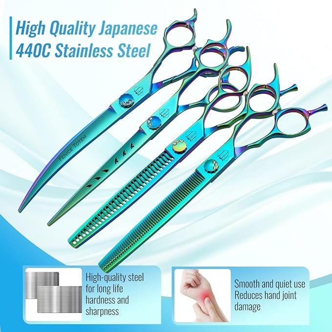 Dog Grooming Scissors: 7" Straight Pet Shears Skeletonized blade Made Of Japanese 440C for Trimming Dogs Cats and Other Pets Green (SET G, Set)
