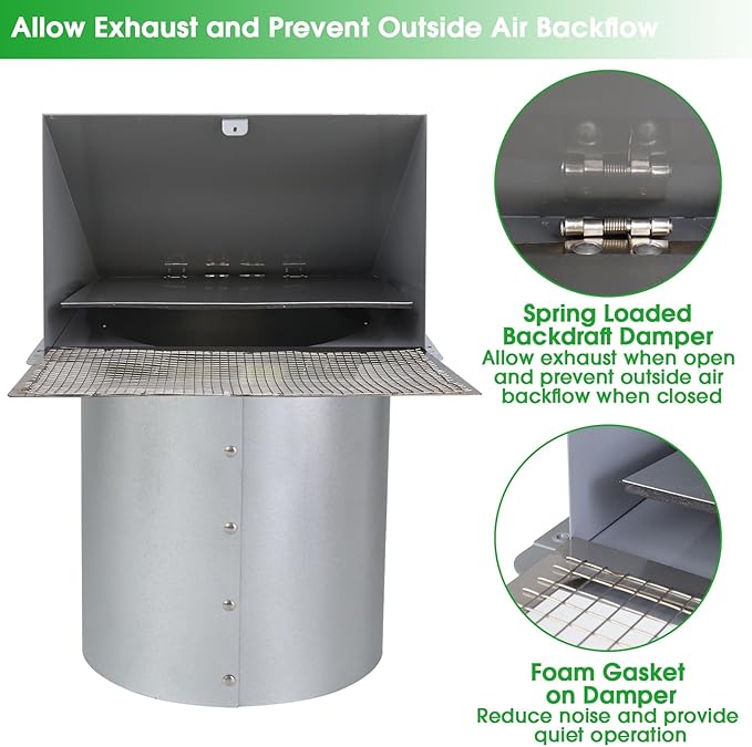 10 Inch Hooded Wall Vent with Screen and Damper,Outdoor Wall Exhaust Vent Cover Cap for Kitchen Range Hood HVAC Duct Dryer Ventilation&Outside Exterior Mount,Galvanized Steel,Gray