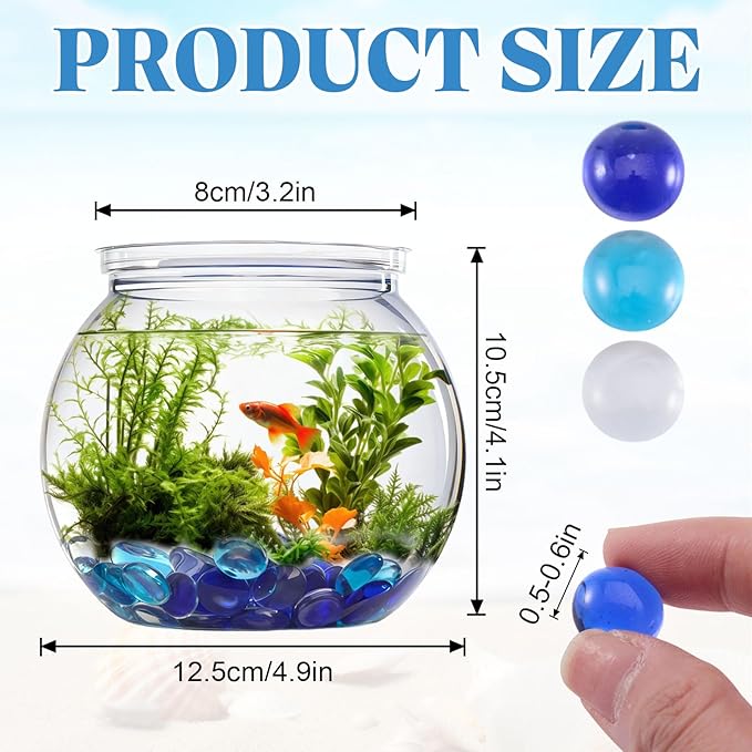 12 Pcs Mini Plastic Fish Bowl 27 oz with 900 Pcs Mixed Flat Glass Marbles Plastic Aquarium Starter Kits Fish Tank Decor for Home Tabletop Office Desk Pet Tanks Decoration