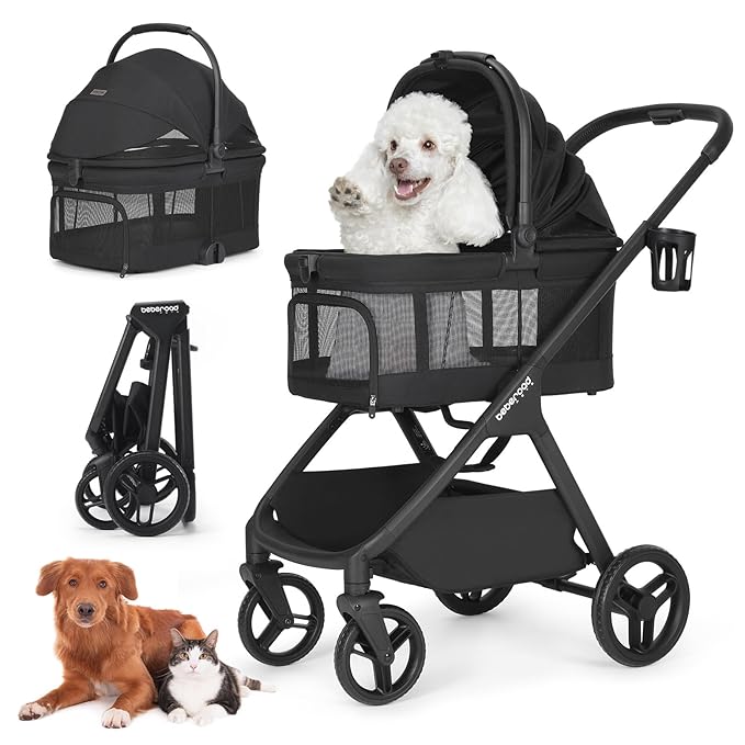 X-5 Luxury Pet Stroller for Medium Dog Under 55lbs or 2 Small Dogs & Cats, One-Touch Folding, Adjustable Handle and Detachable Carrier (Black & Net Wall)