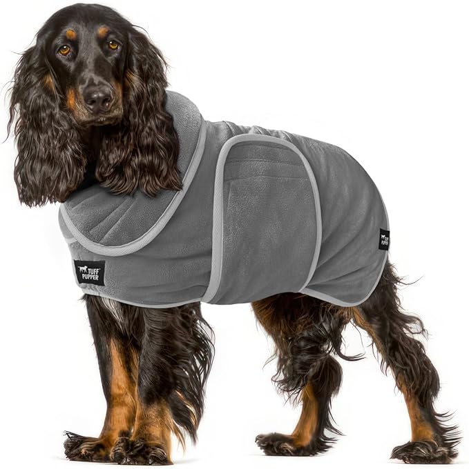 Tuff Pupper Fast Drying Dog Bath Robe | 800 GSM Plush Dog Towel Bathrobe/Dressing Gown | Super Absorbent Pet/Puppy Bathrobe | Adjustable Hood & Belly Strap | Super Soft | Fast Drying (M, Gray)